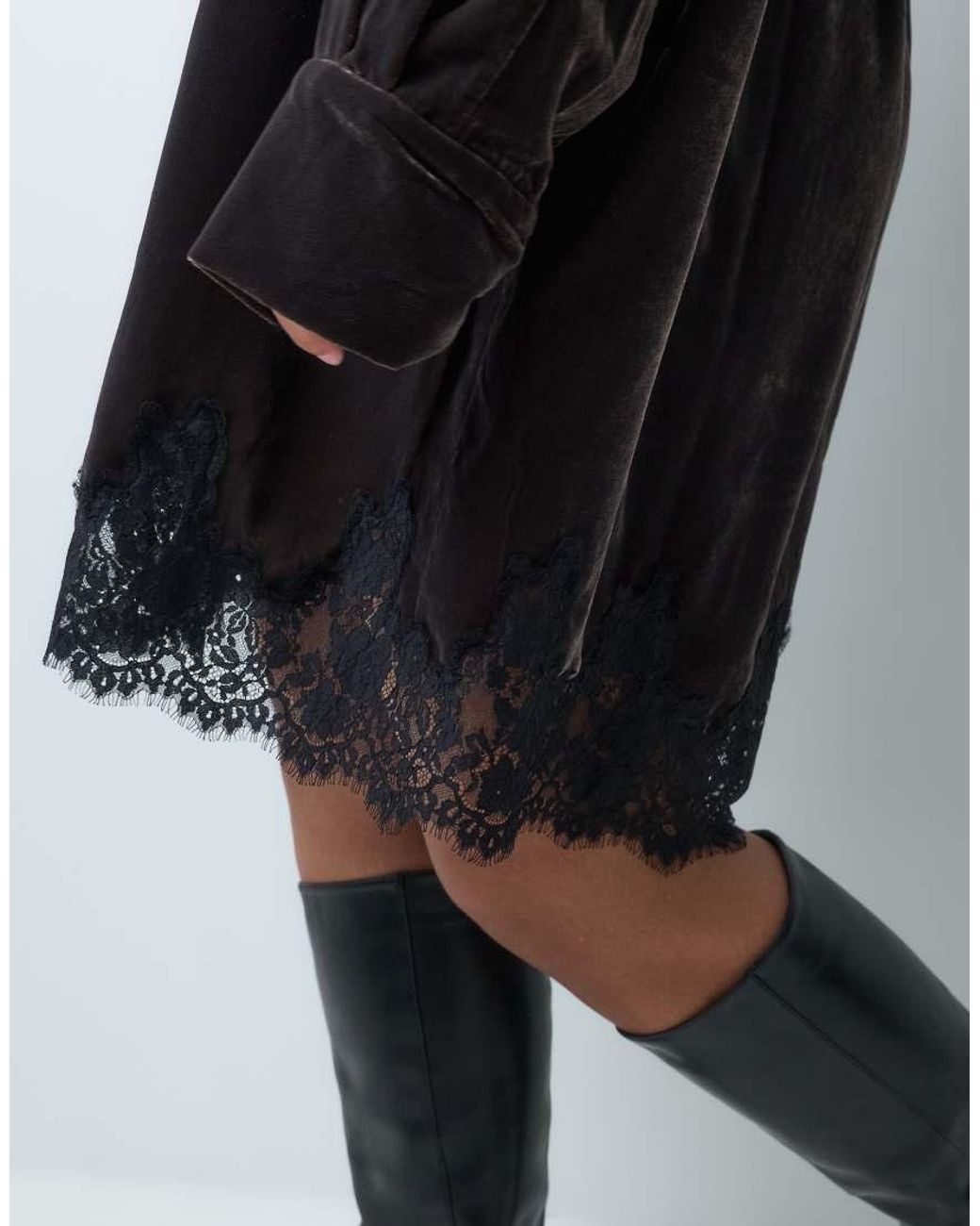 ASOS Black Asos Design Curve Velvet Oversized Shirt Mini Dress With Lace Hem