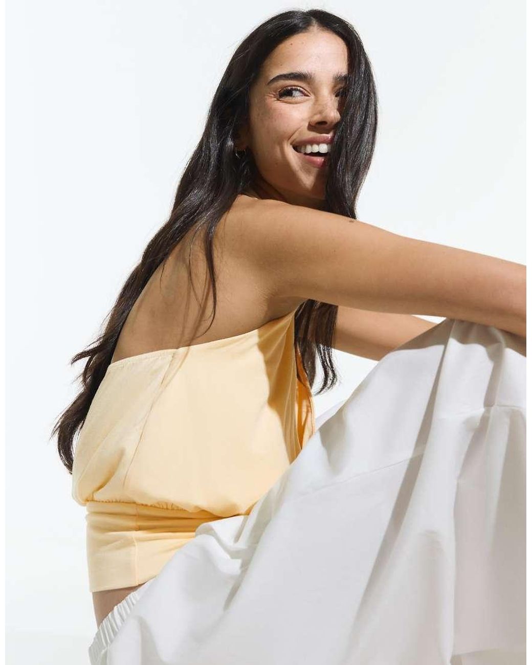 Bershka Natural Crossover Ruched Cummerbund Top