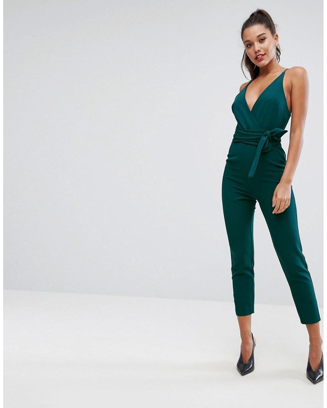 ASOS Wrap Front Jumpsuit With Peg Leg And Self Belt in Green | Lyst