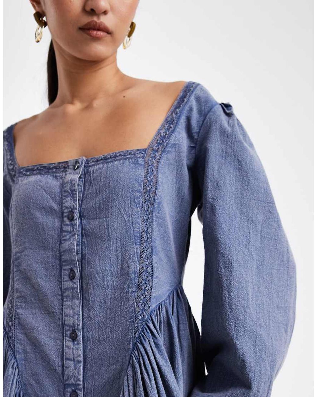 Miss Selfridge Blue Long Sleeve Chambray Mini Dress