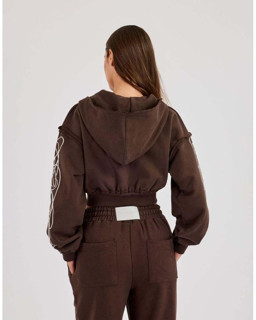 CERNUCCI Brown Cropped Distressed Print Zip Hoodie