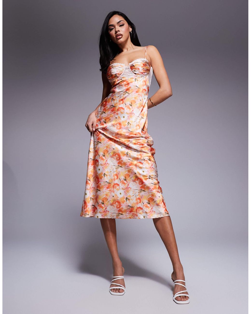 Love Triangle Satin Maxi Dress With Lace Trim Cups in Gray | Lyst