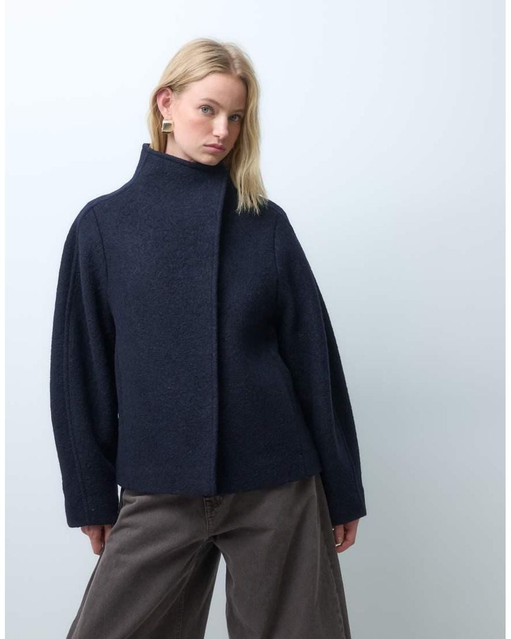 & Other Stories Blue Mock Funnel Neck Textured Wool Mix Short Jacket
