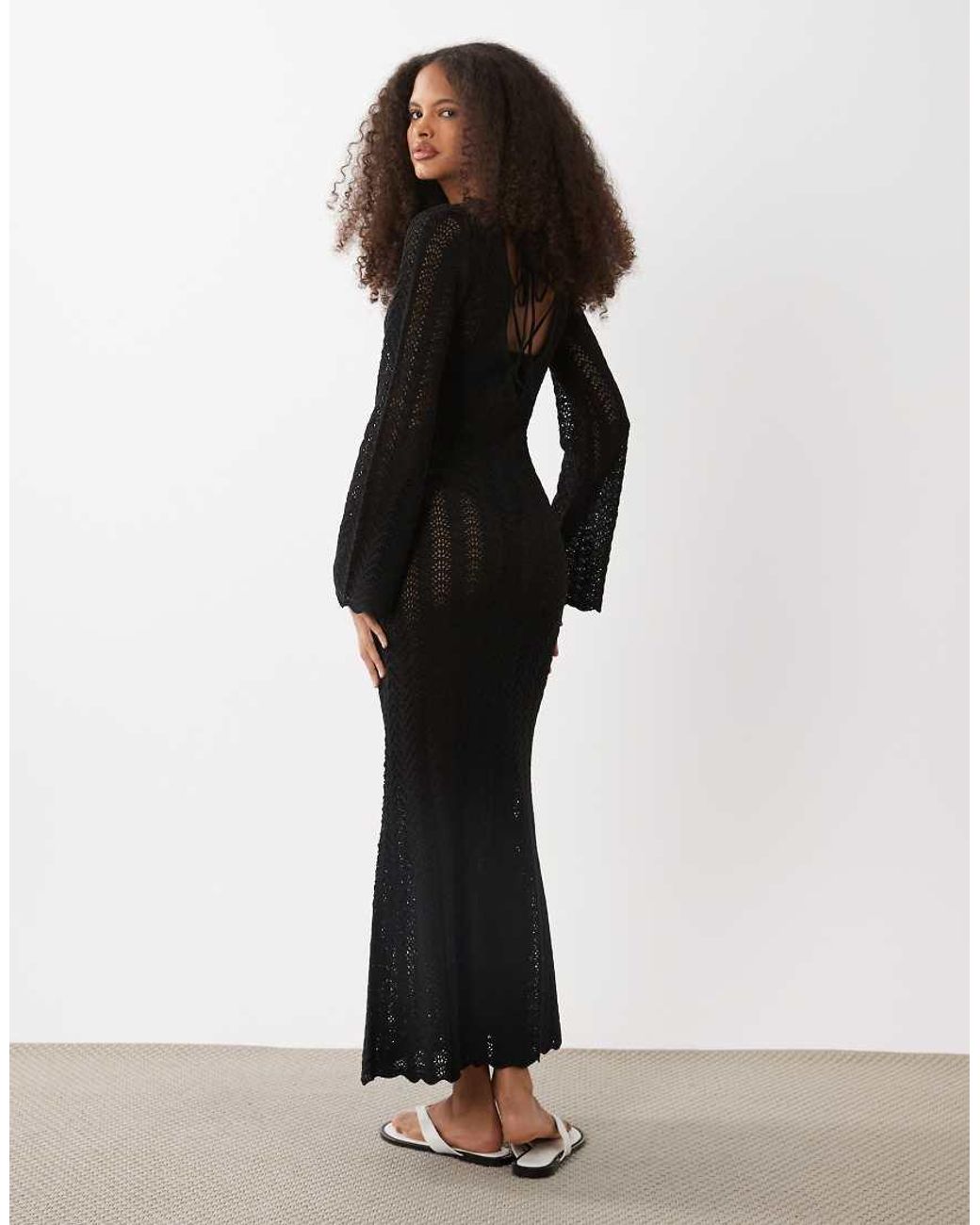 Mango Black Crochet Knit Long Sleeve Maxi Dress