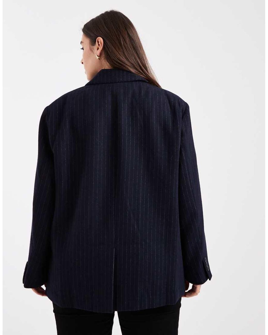 ASOS Blue Asos Design Curve Wool Blend Pinstripe Formal Blazer