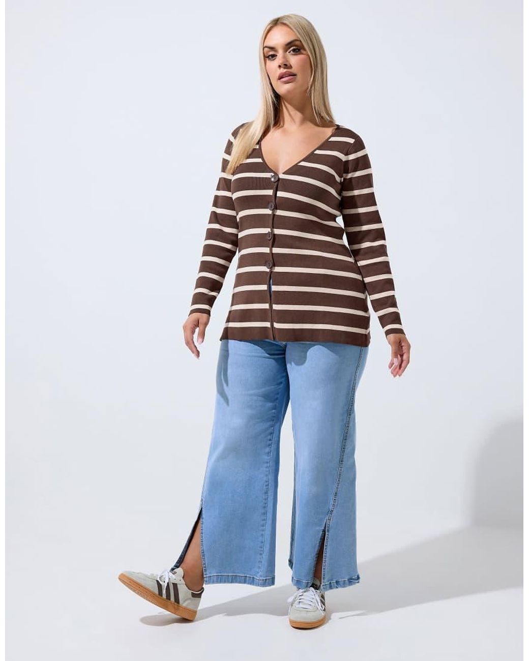 Yours Clothing Brown Stripe Flare Hem Cardigan