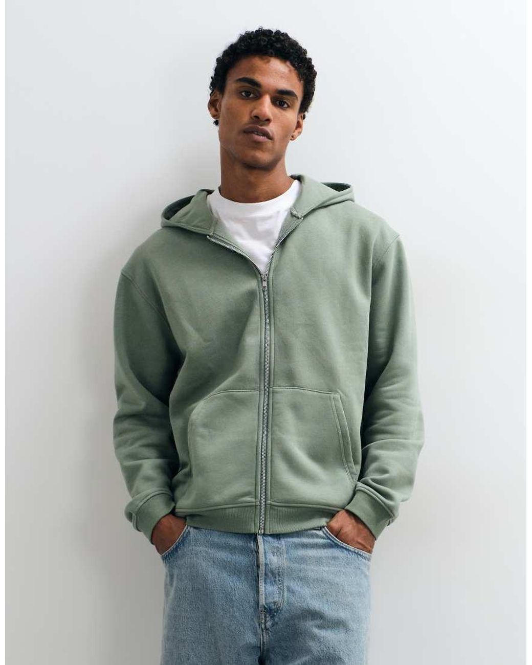 ASOS Green Essentials Relaxed Zip Through Hoodie for men