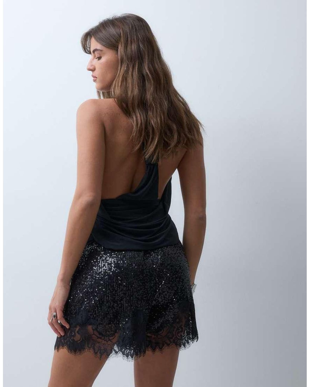 ASOS Black Allover Sequin Shorts With Lace Trim