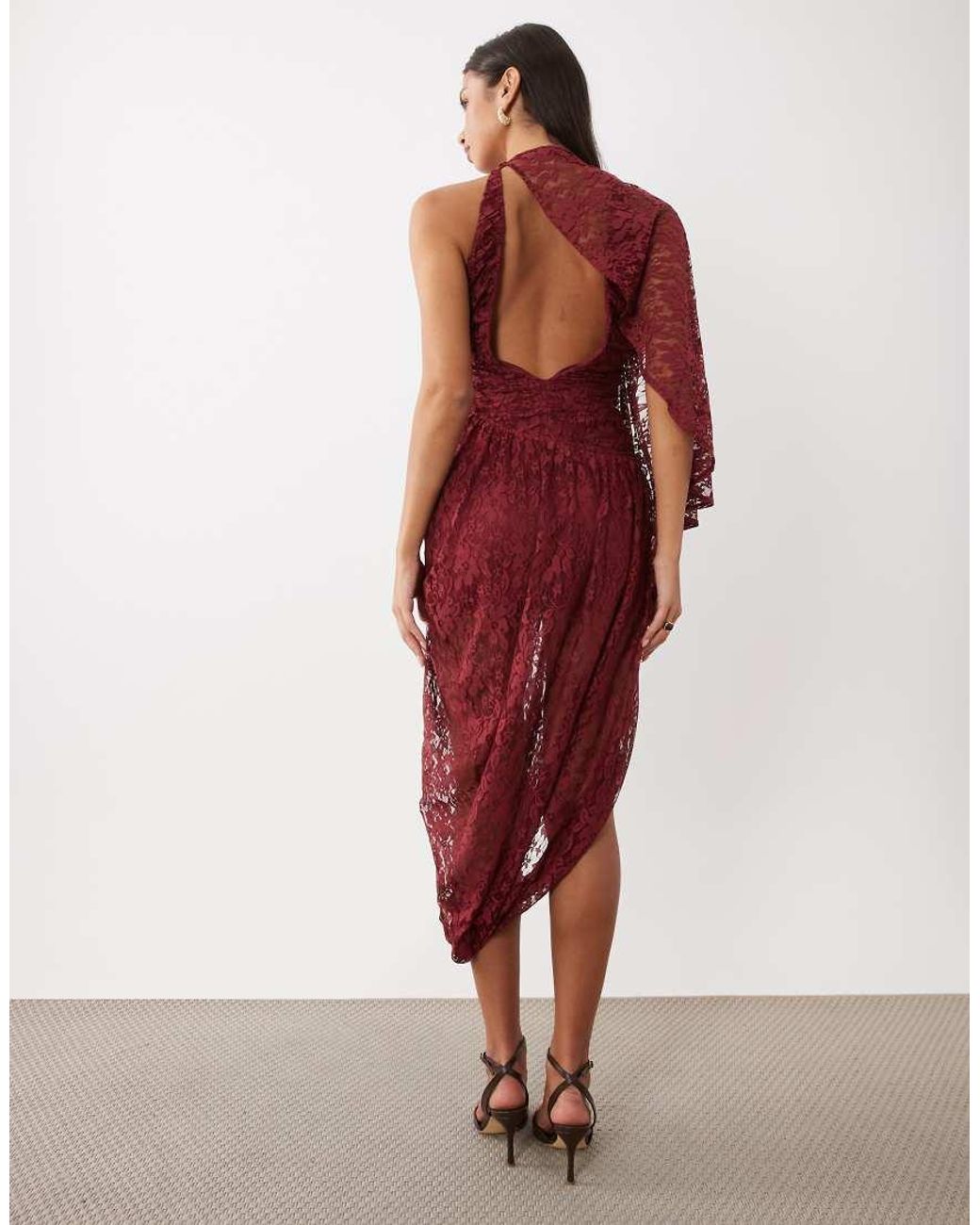 ASOS Red Floral Lace Midi Dress With Asymmetric Cape Sleeve