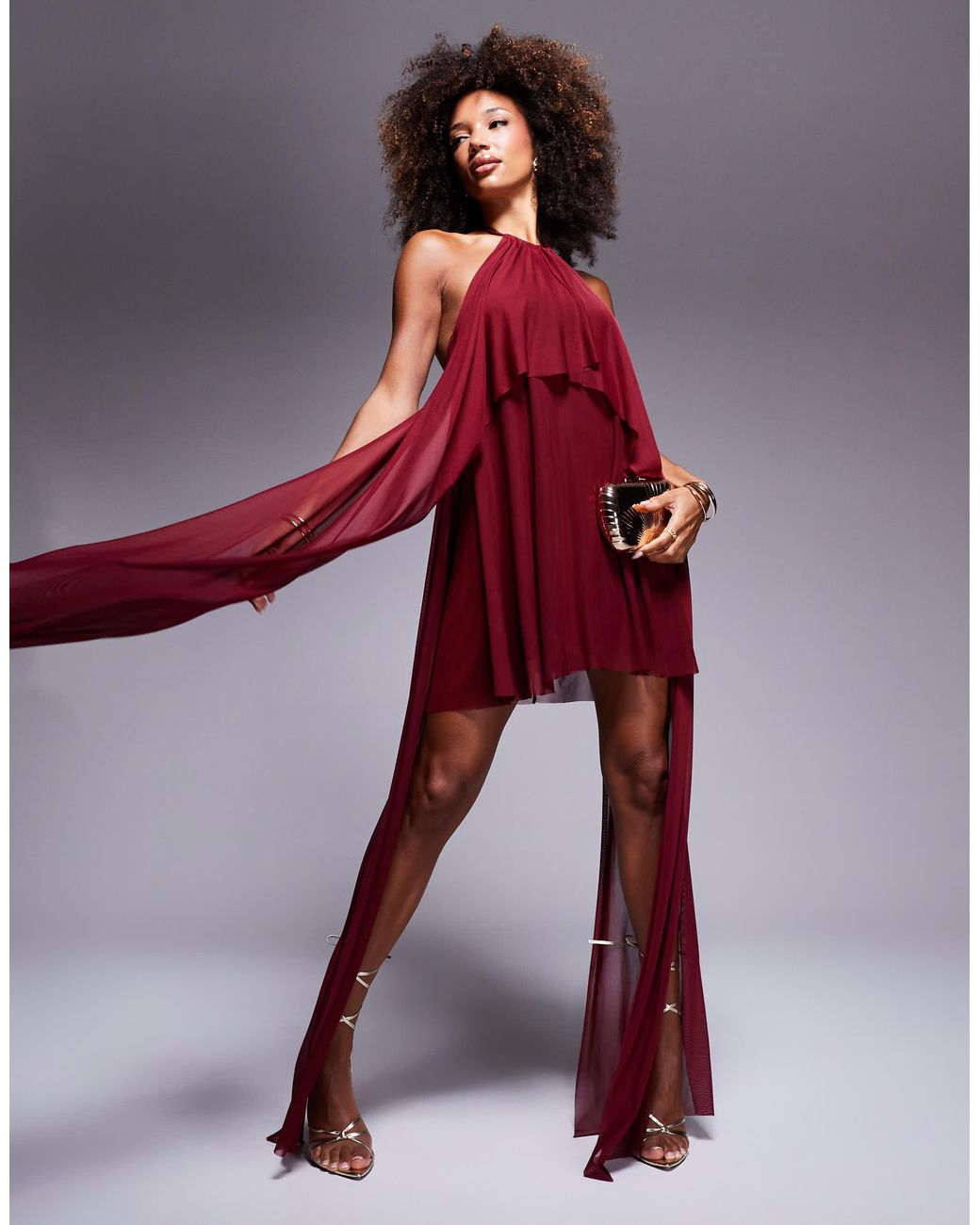 Robe dos nu courte en tulle avec cape drapee bordeaux ASOS en coloris Rouge Lyst