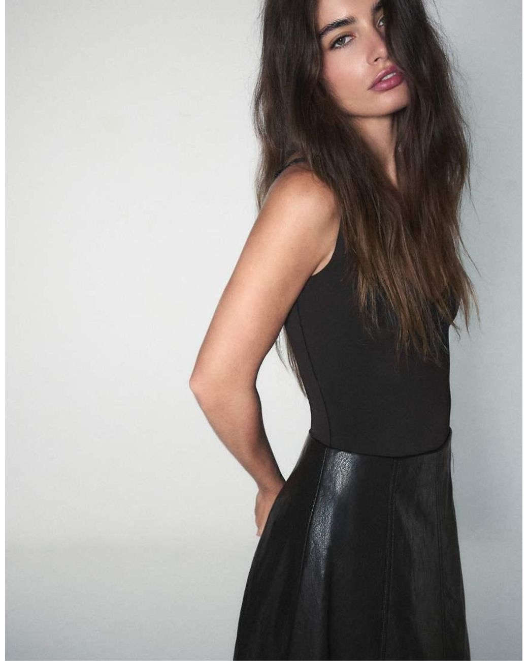 Stradivarius Black Leather Effect Flared Midi Skirt