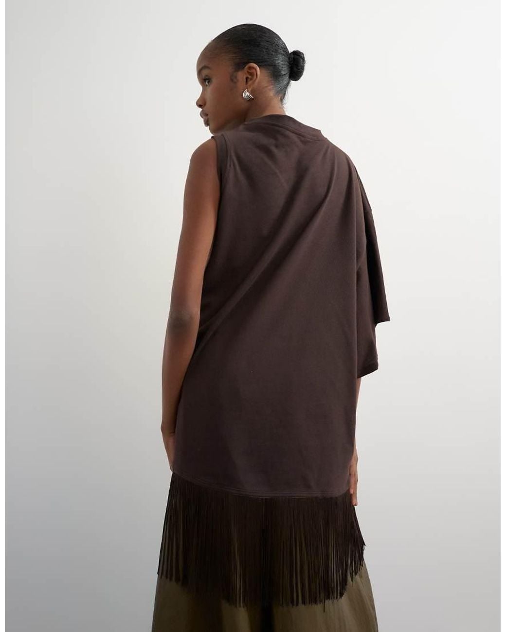 TOPSHOP Natural Draped Asymmetric Fringe Detail Top