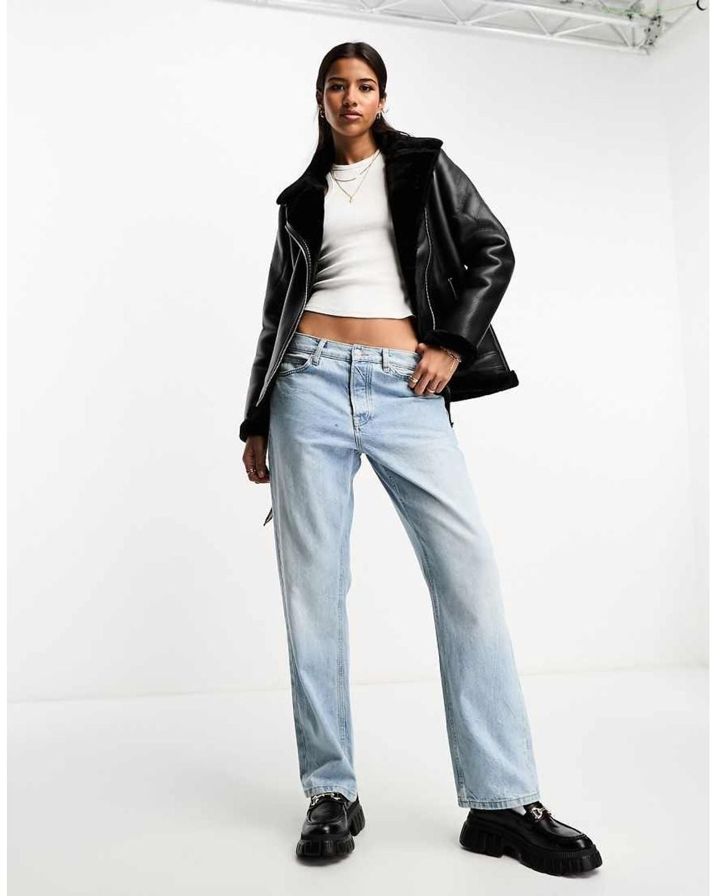 Pieces Black Faux Fur Trim Aviator Jacket