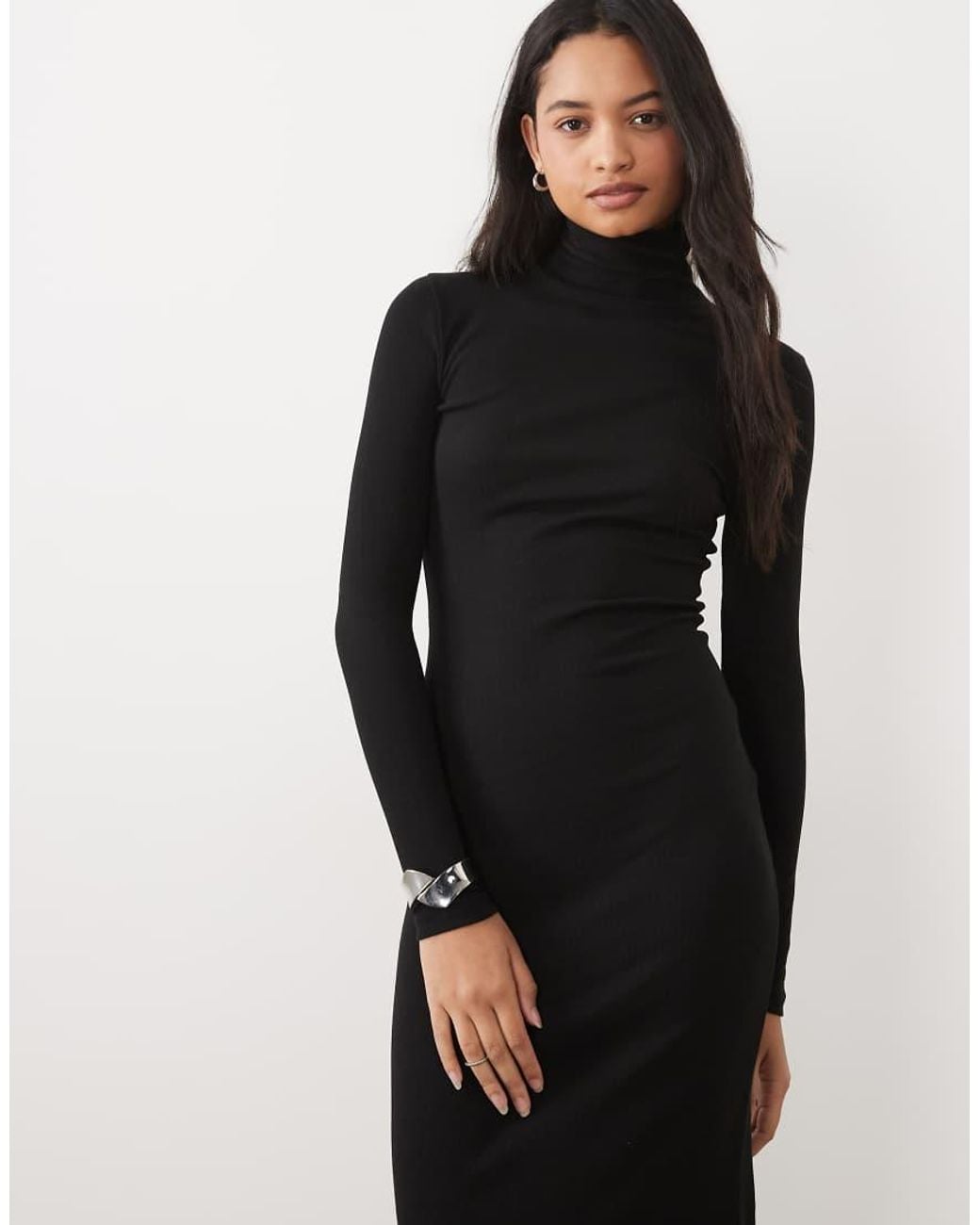 Brave Soul White Ribbed Long Sleeve Roll Neck Maxi Dress With Slit Detail