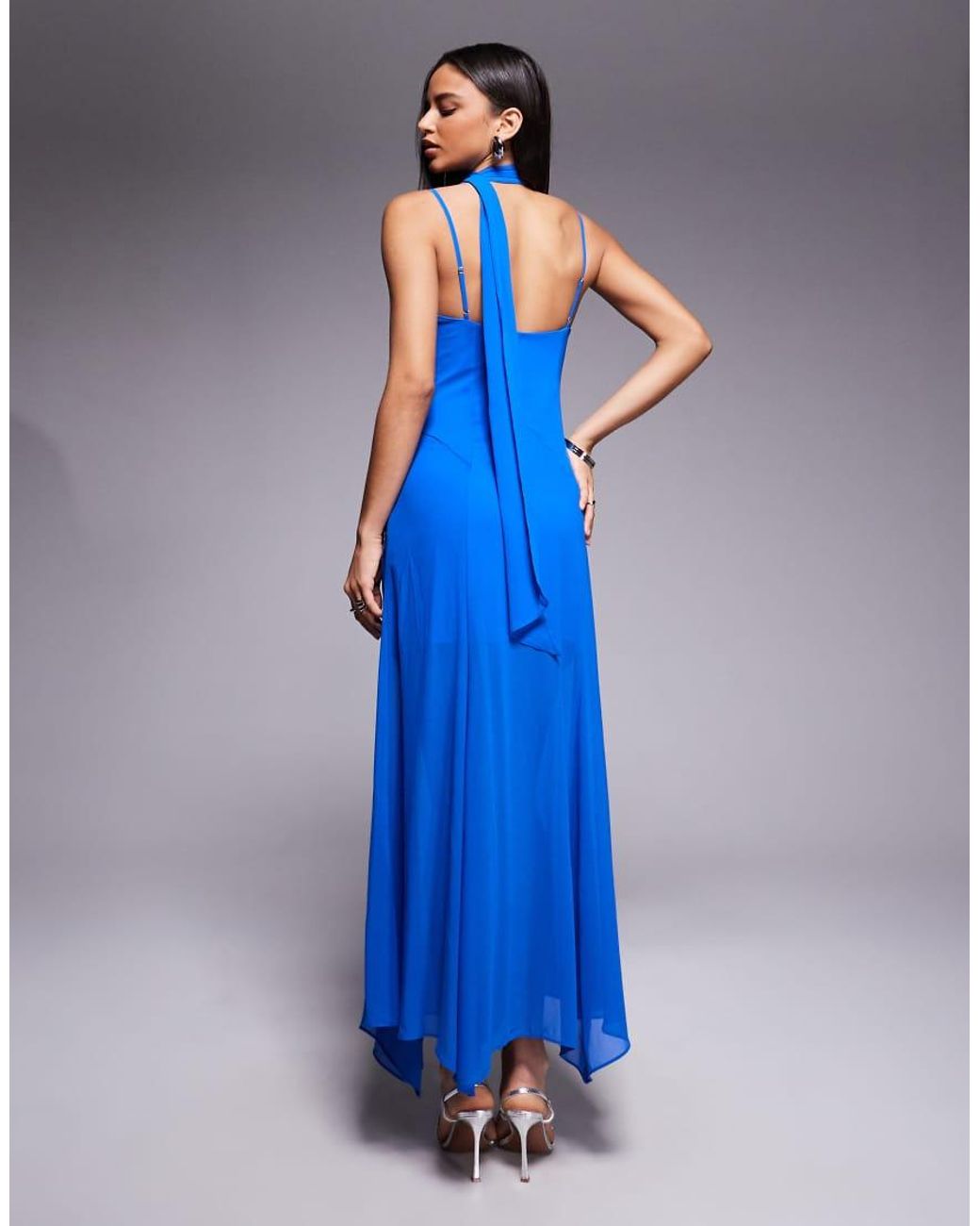 Forever New Blue Scarf Neck Cami Strap Hanky Hem Maxi Dress