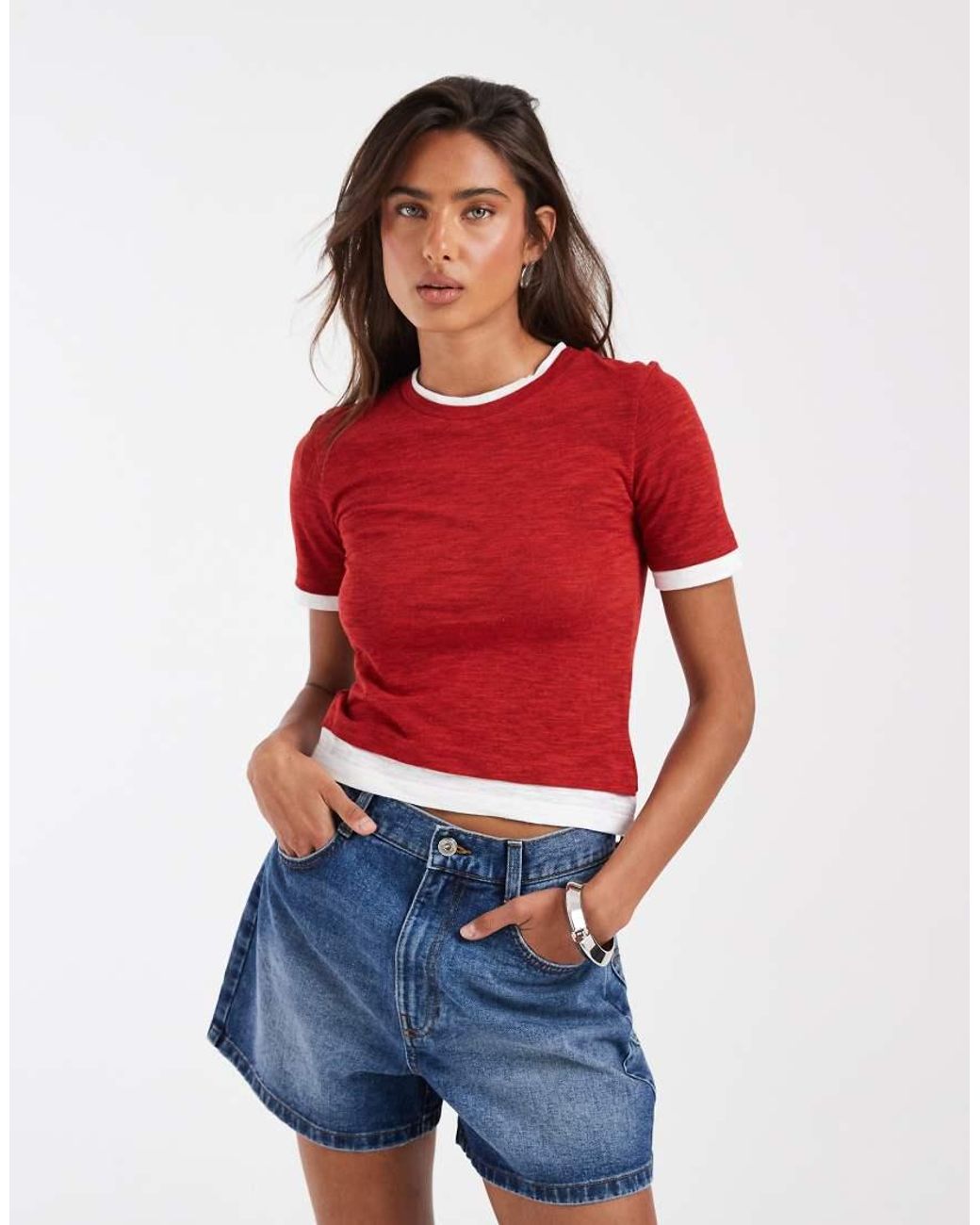 ASOS Red Slubby Shrunken Tee With Mock Double Layer