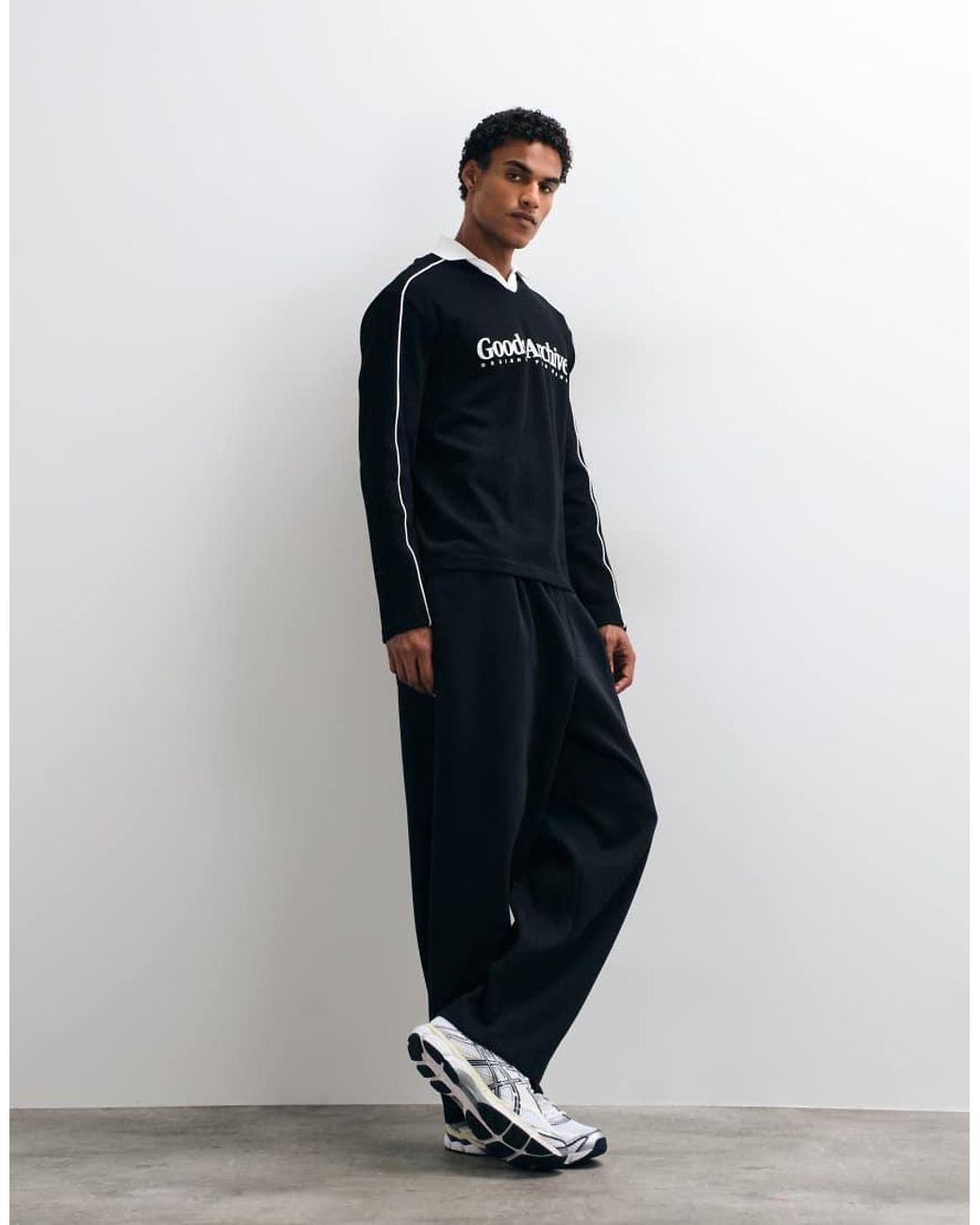 ASOS Blue Heavyweight Relaxed Long Sleeve Polo With Piping And Text Graphic for men