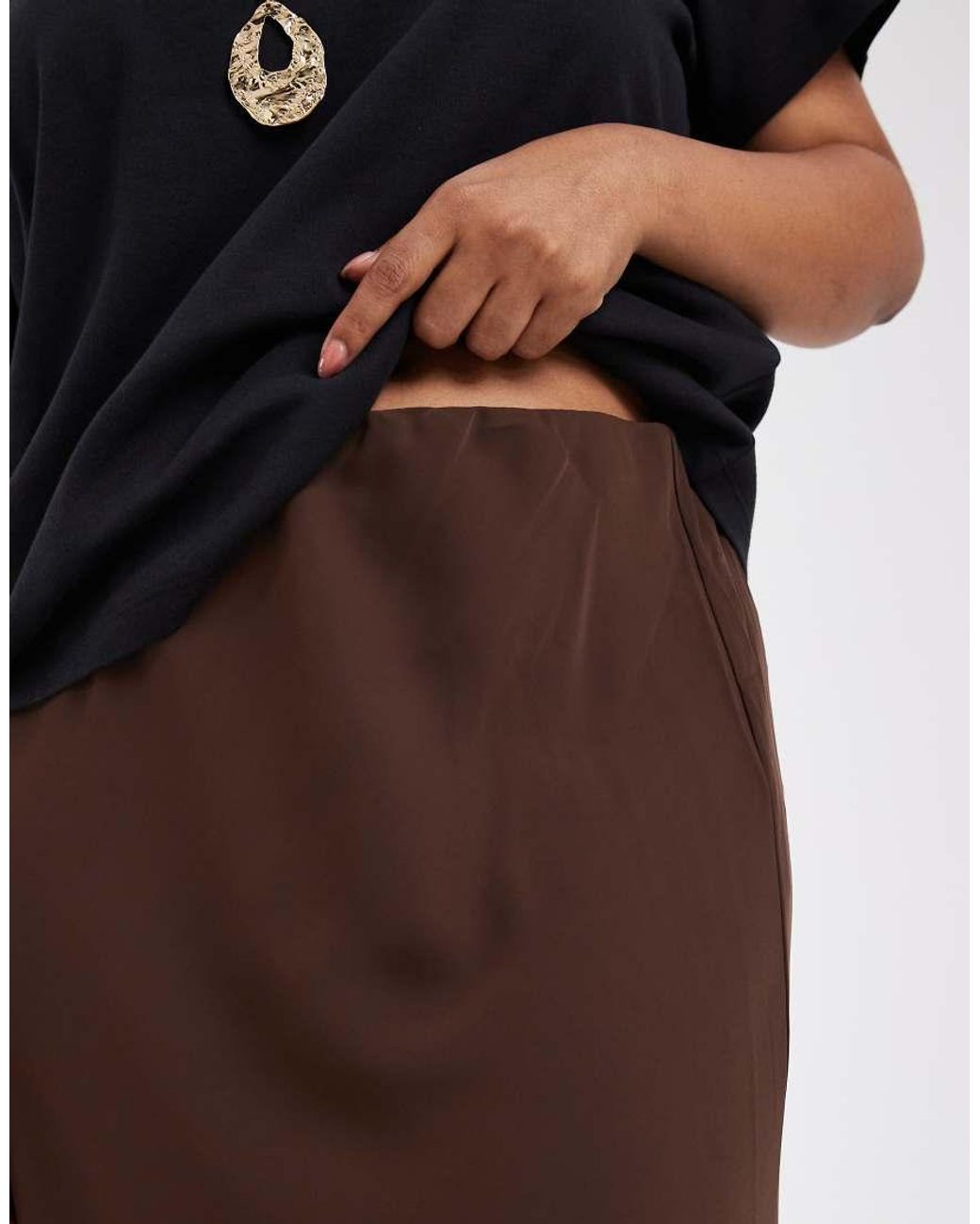 Pieces Plus Brown Pieces Curve Matte Satin Midi Skirt