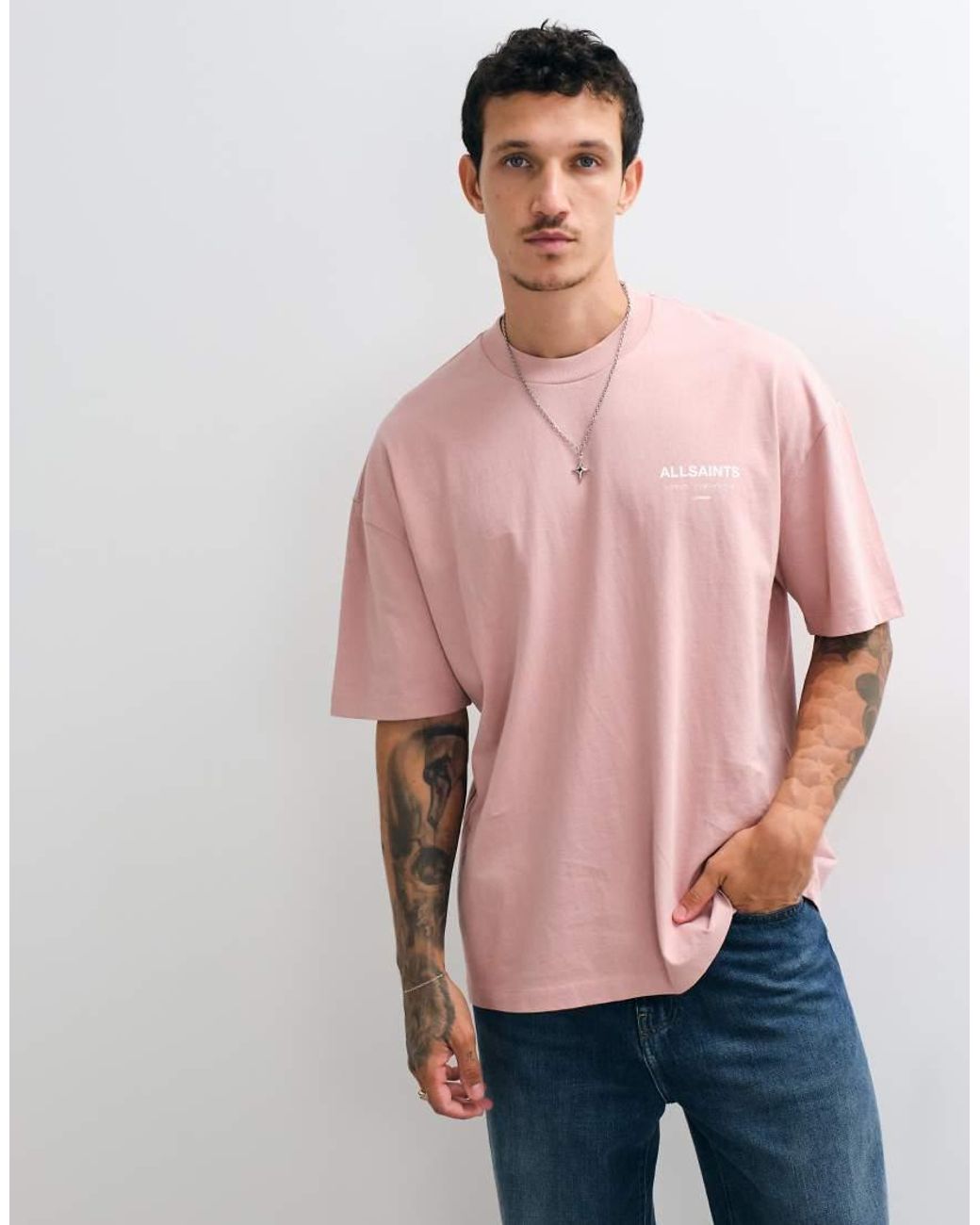 AllSaints Red Underground Short Sleeve Graphic Logo T-shirt With Back Print for men