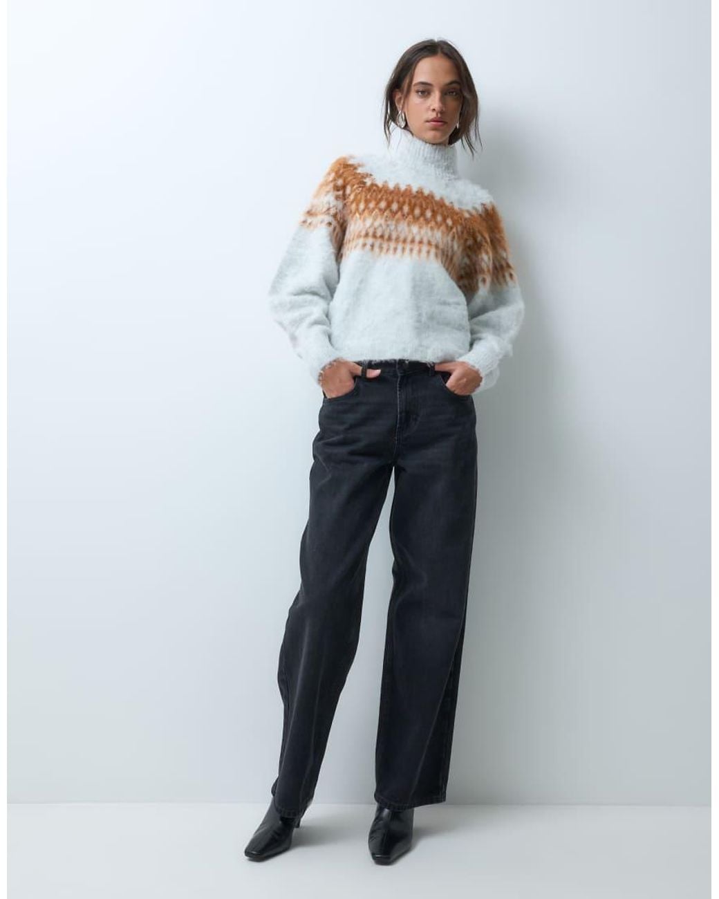 ASOS Gray Knitted Funnel Neck Fairisle Jumper With Balloon Sleeves