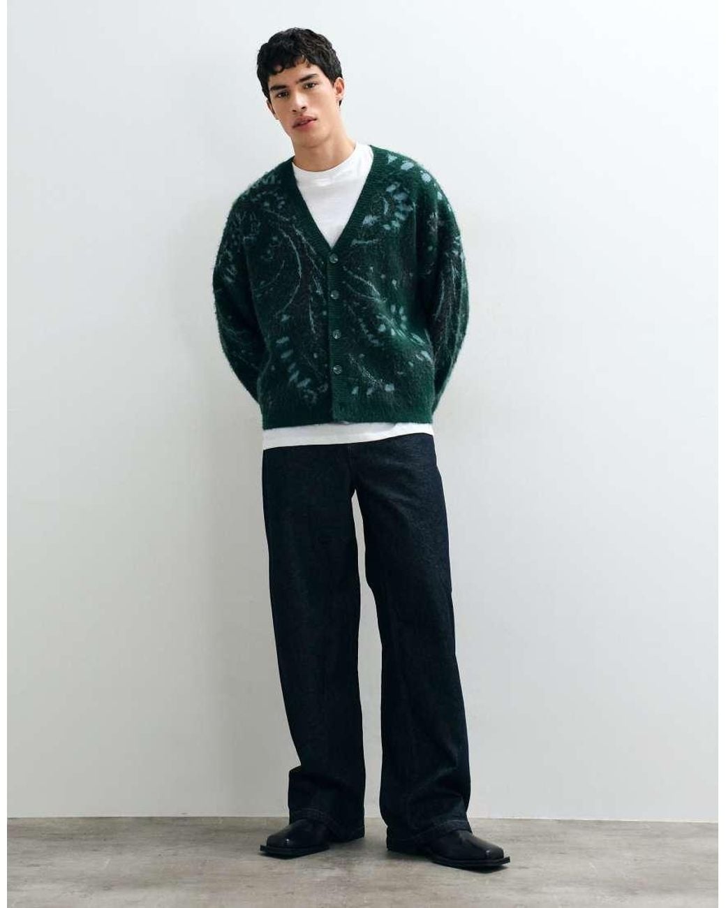 Reclaimed Vintage Green Tapestry Print Oversized Knit Cardigan for men