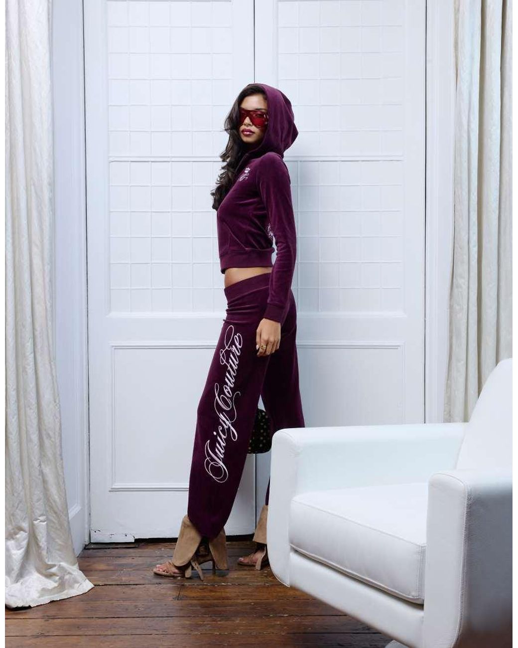 Juicy Couture Purple Robyn Script Logo Rebelle Velour Zip Up Hoodie Co-ord Wine