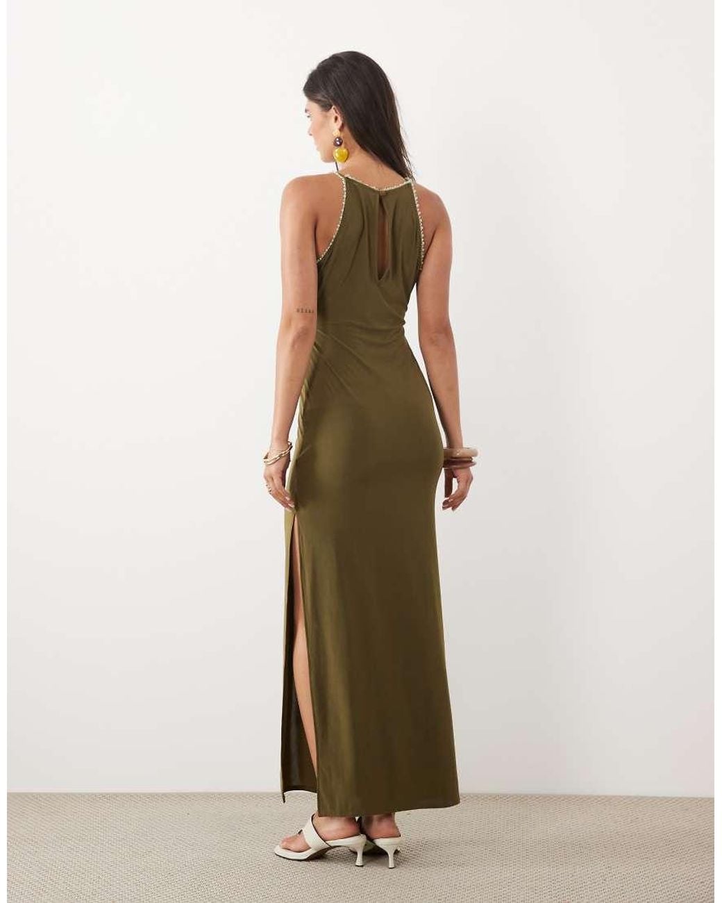 ASOS Green Racer Neck Maxi Dress With Trim Detailing