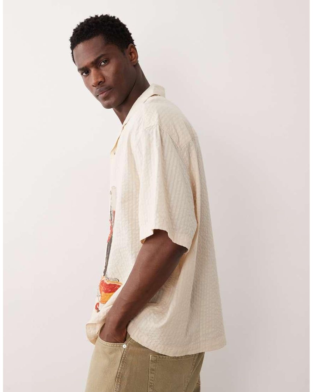 ASOS Natural Oversized Seersucker Shirt With Placement Print for men