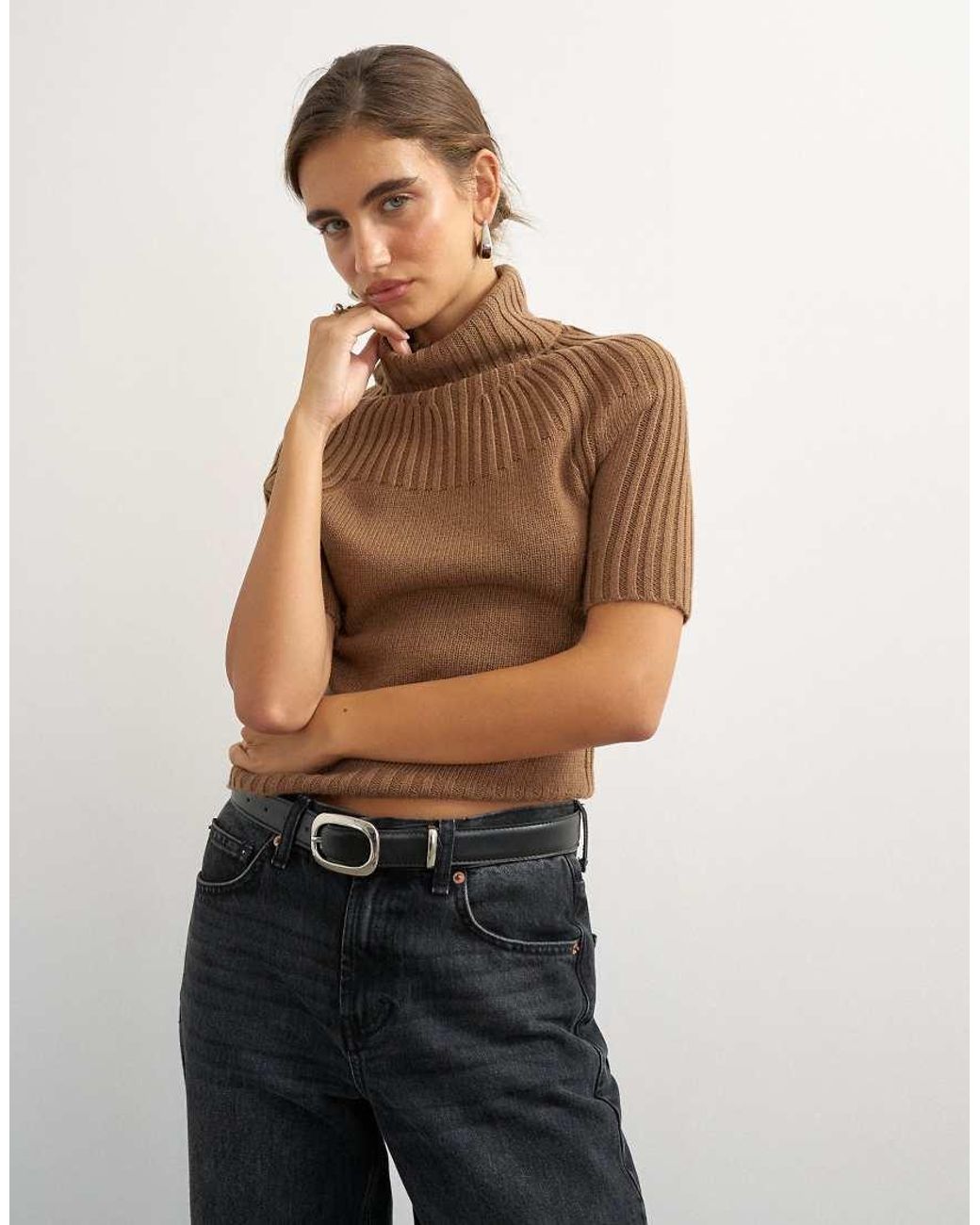 TOPSHOP Multicolor Knitted Rib Yoke Funnel Neck Top