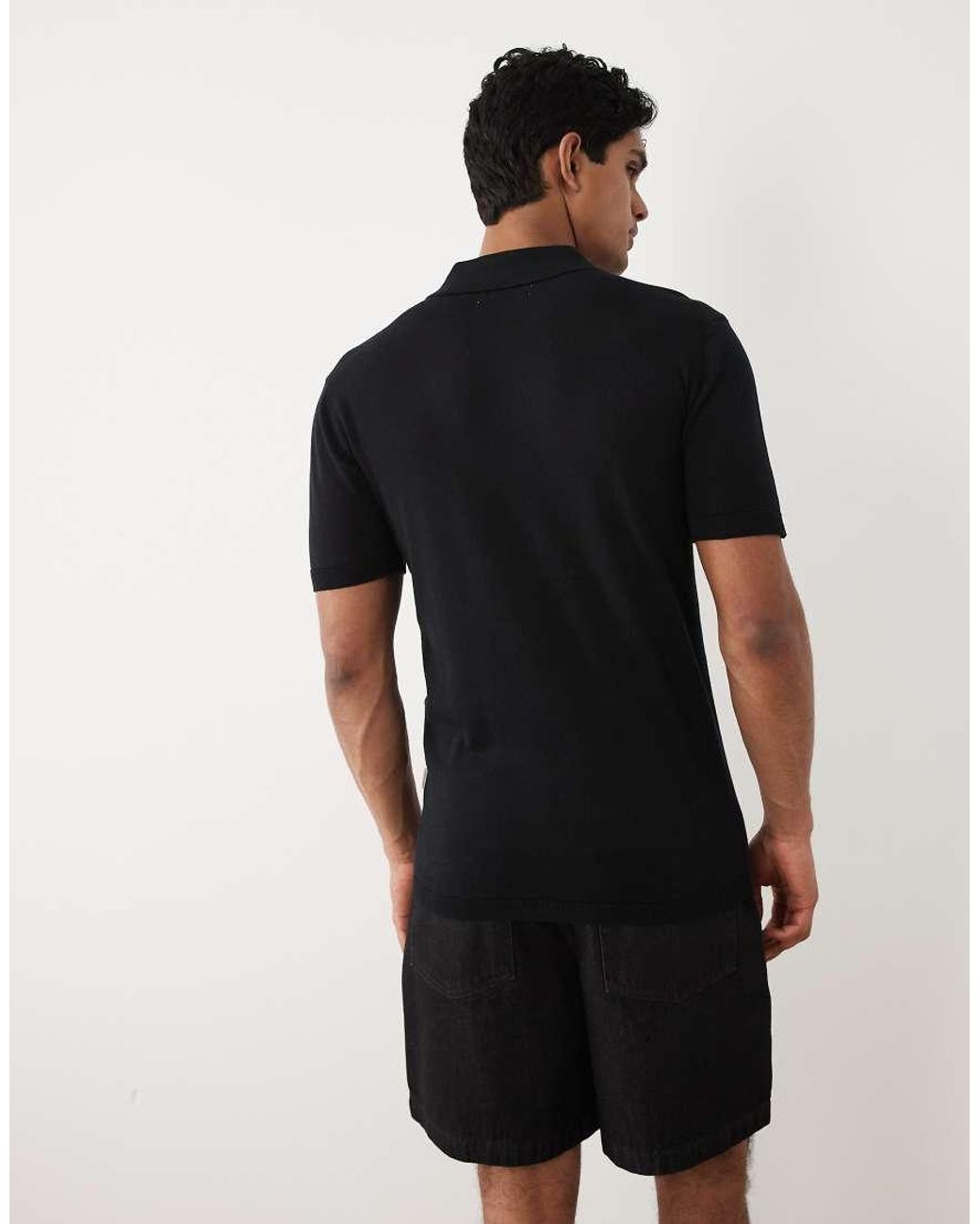 Blend Black Cotton-mix Knitted Regular Fit Open Collar Polo for men