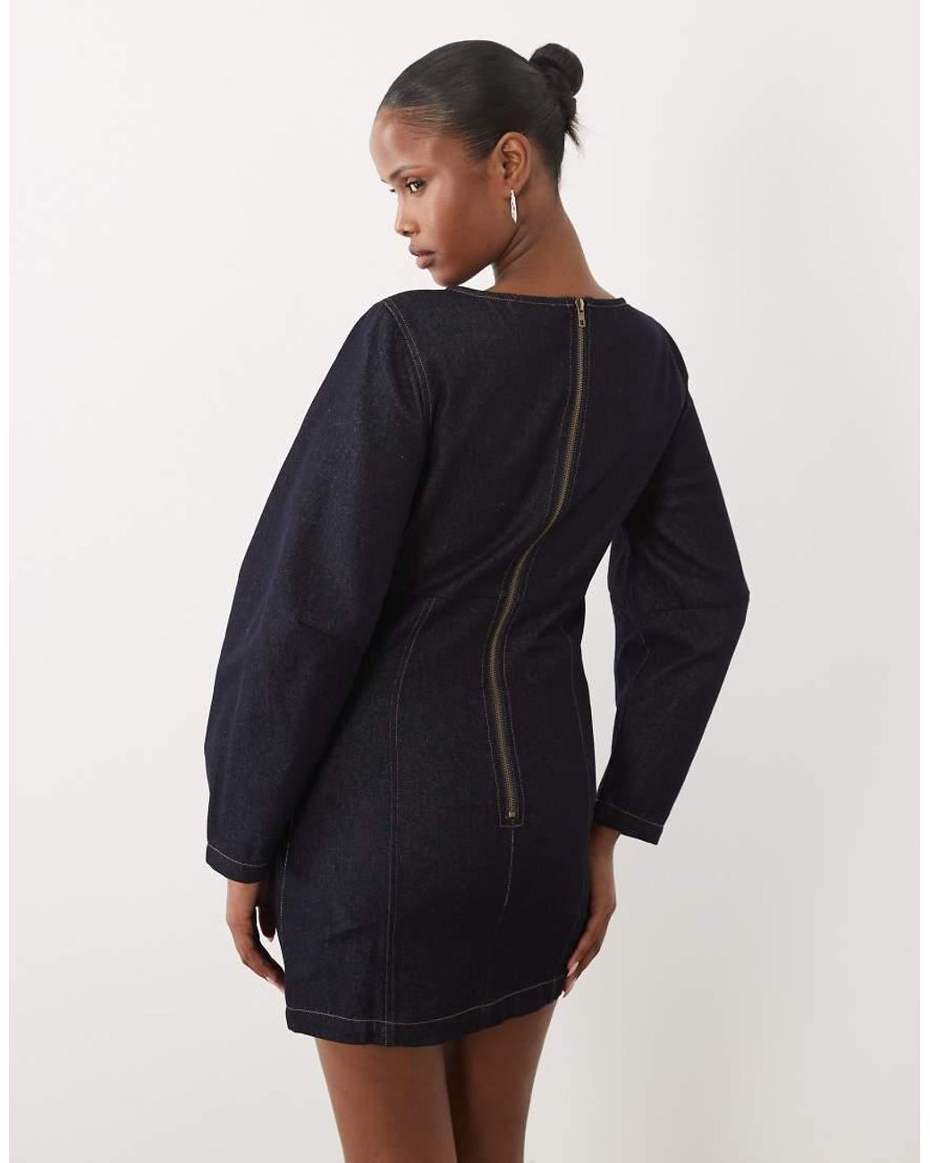 The Frolic Black Exclusive Denim Cinched Waist Balloon Sleeve Mini Dress