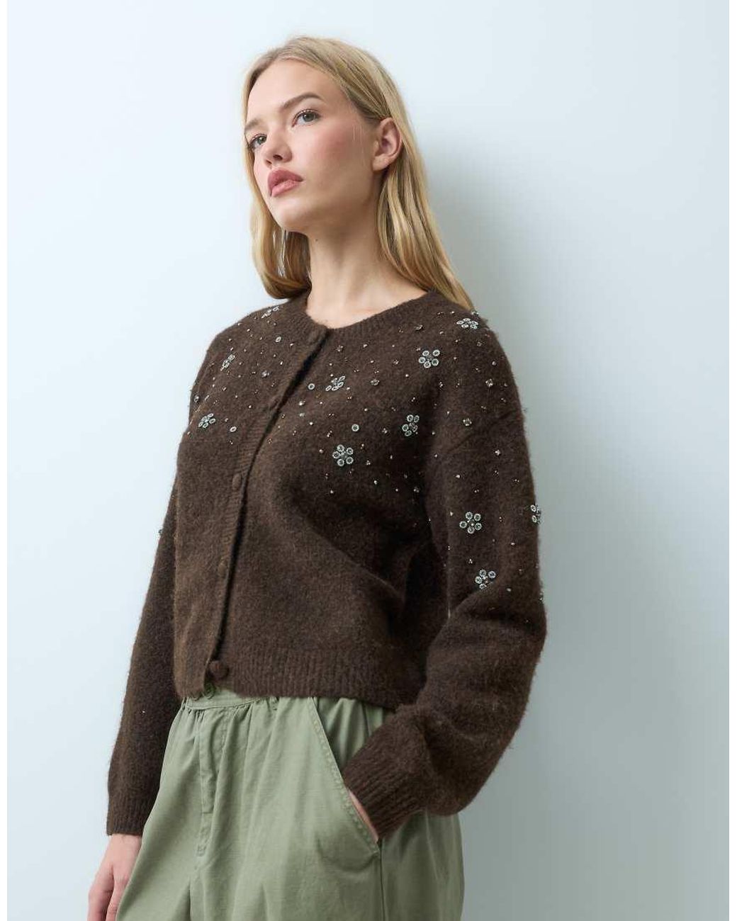 Miss Selfridge Green Embellished Button Through Pocket Detail Cardigan