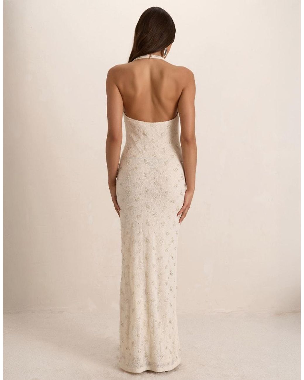 Missy Empire Natural Embellished Knit Plunge Drape Maxi Dress