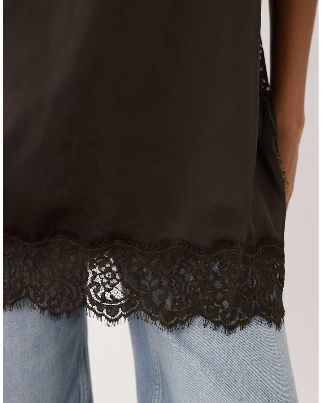 Jdy White Longline Satin Cami Top With Lace Trim