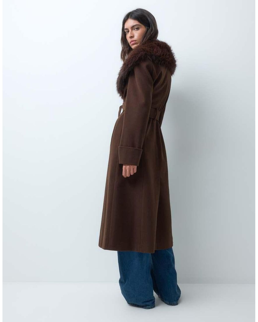 Miss Selfridge Brown Formal Wrap Coat With Fur Collar