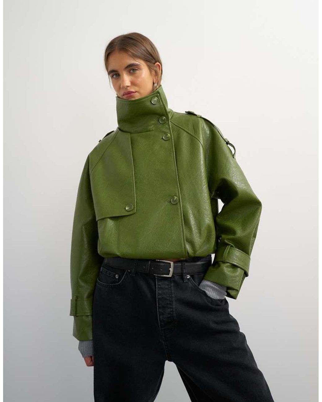 TOPSHOP Green Faux Leather Short Mac