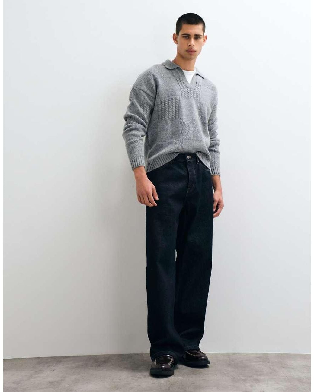 ASOS Gray Relaxed Knitted Notch Neck With Check Detail for men