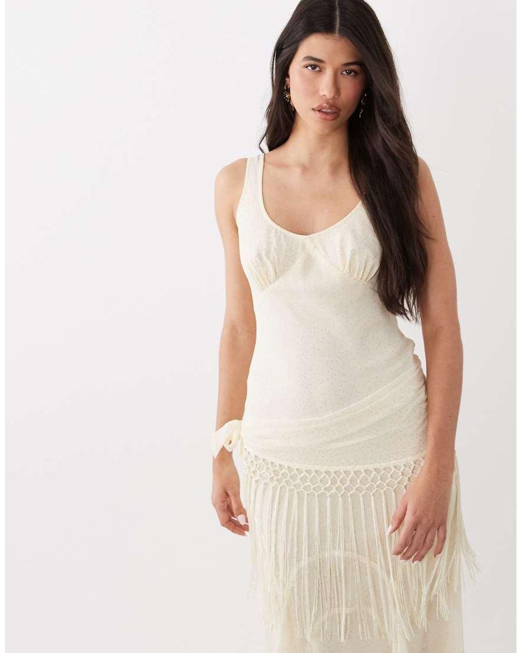 ASOS Natural Chiffon Draped Fringe Detail Maxi Dress