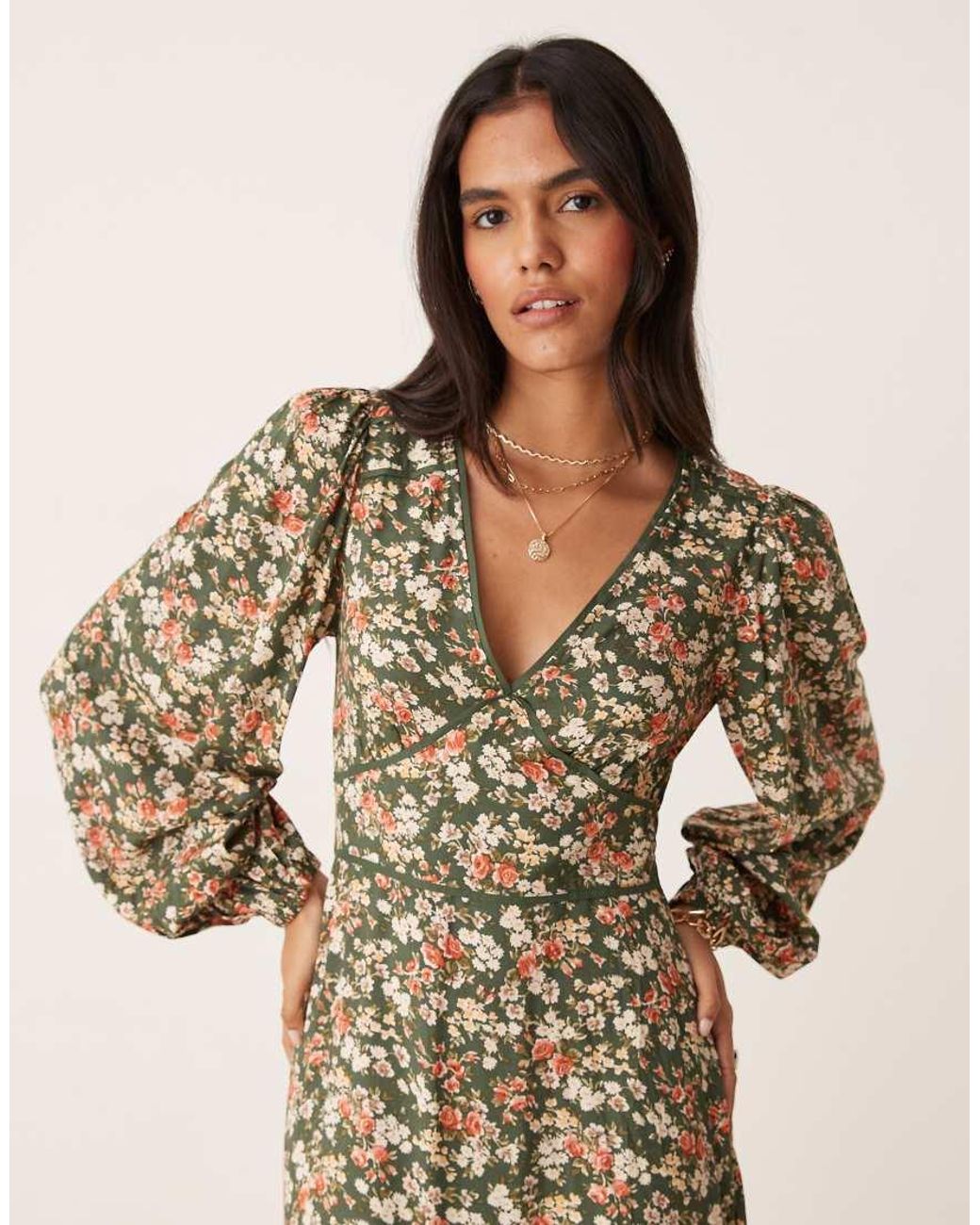 Nobody's Child Natural Remy V-Neck Balloon Sleeve Midi Dress