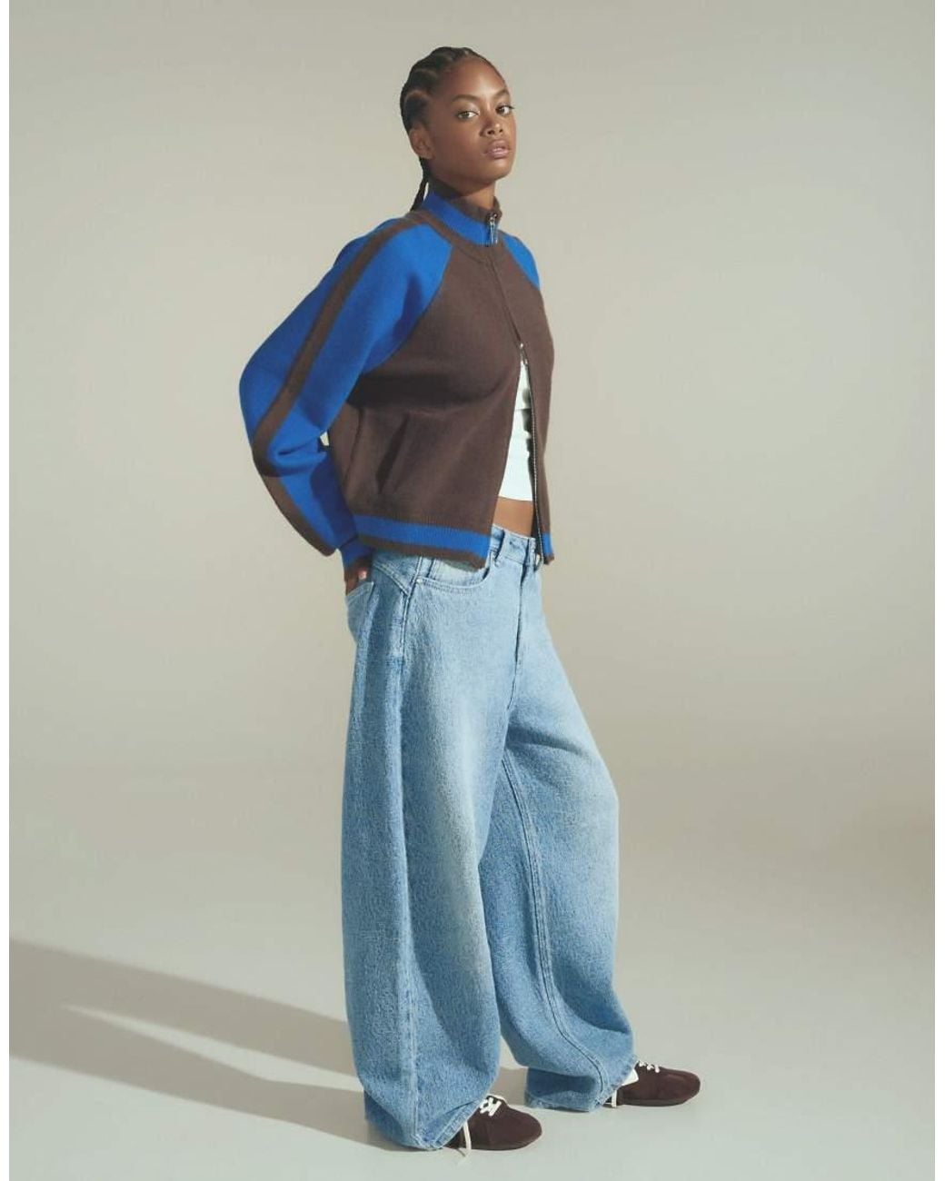 Bershka Blue Textured Barrel-leg Jeans