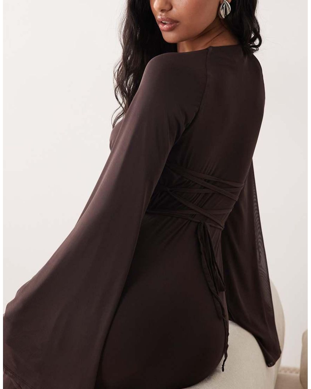 ASOS Brown Mesh Flute Sleeve Corset Detail Maxi Dress