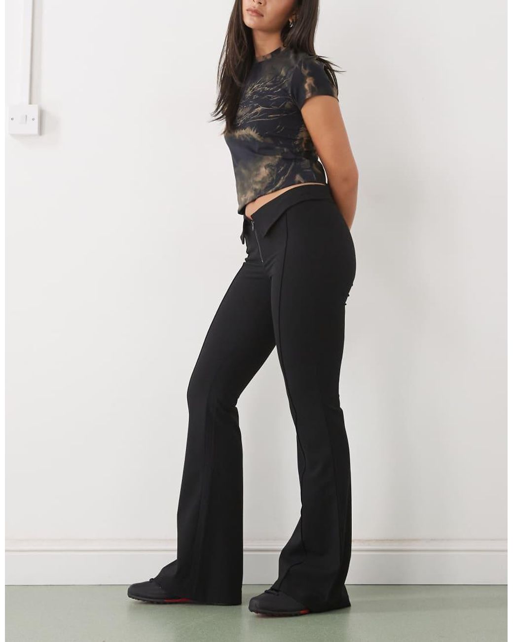 Monki Black Low Rise Flared Trousers With Fold Down Waist Detail