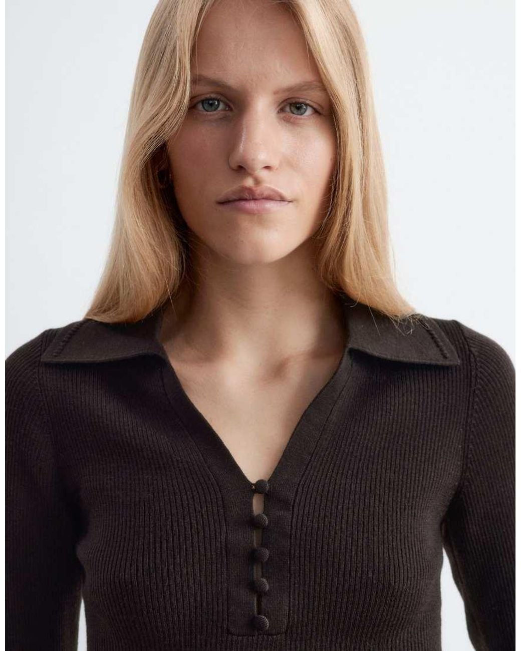 & Other Stories Black 100% Wool Slim Fit Collared Top With Fabric Covered Buttons