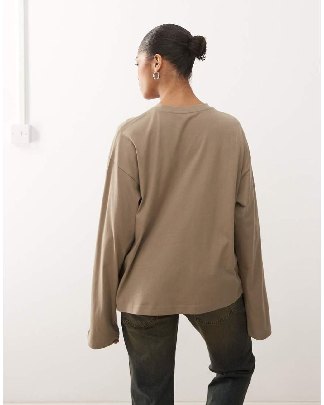 Monki Natural Oversized Long Sleeve T-shirt With Side Slits