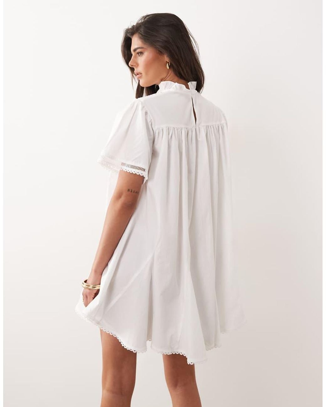 Noughts & Kisses White Cotton High Neck Lace Detail Smock Mini Dress