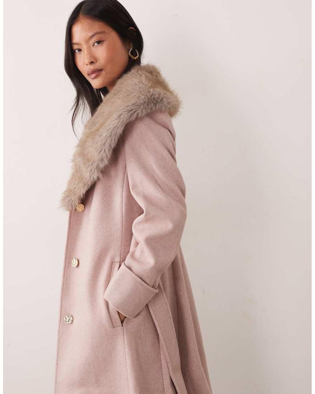 Miss Selfridge Natural Formal Wrap Coat With Fur Collar