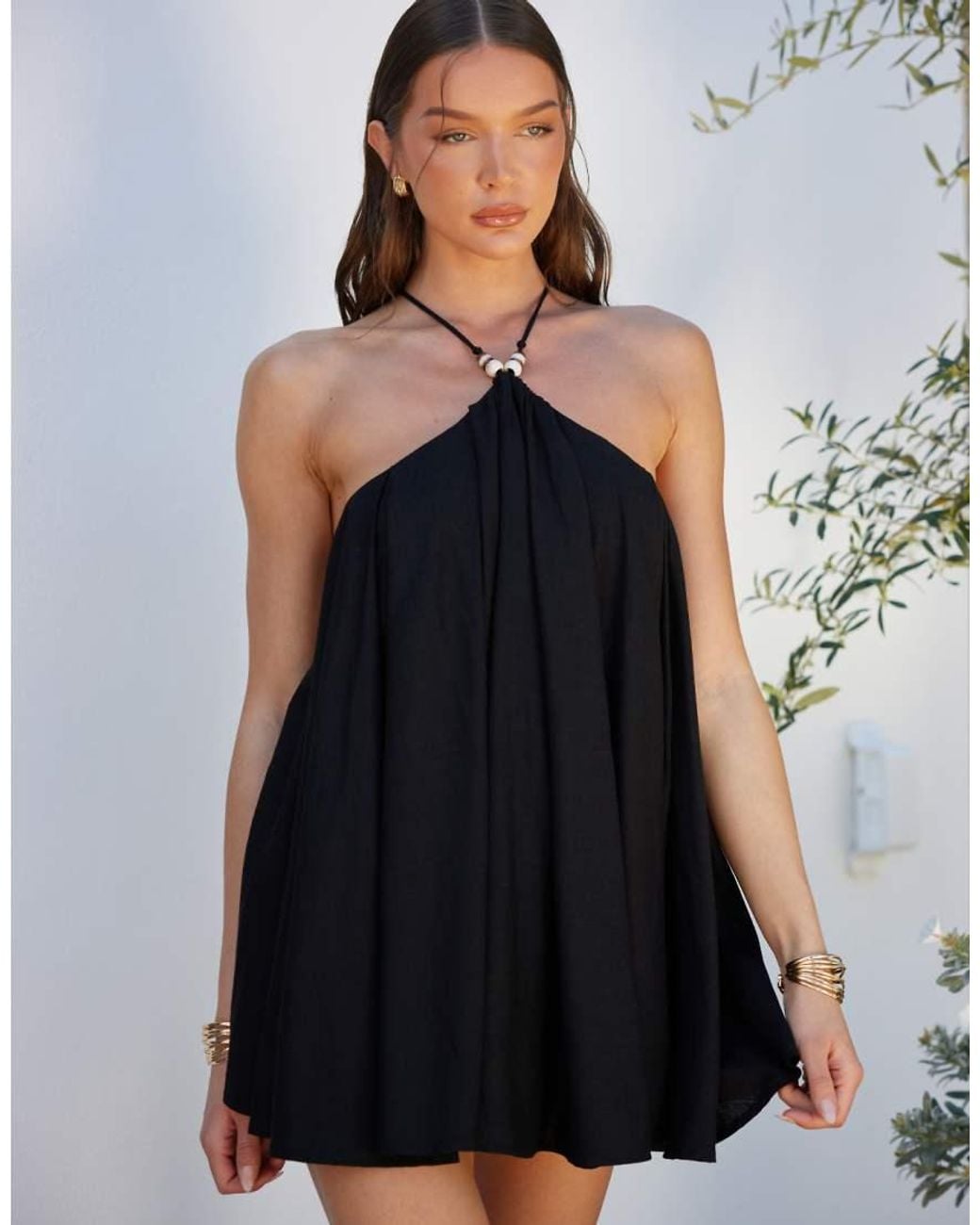 Noughts & Kisses Black Beaded Strap Detail Open Lace Up Back Cotton Mini Dress