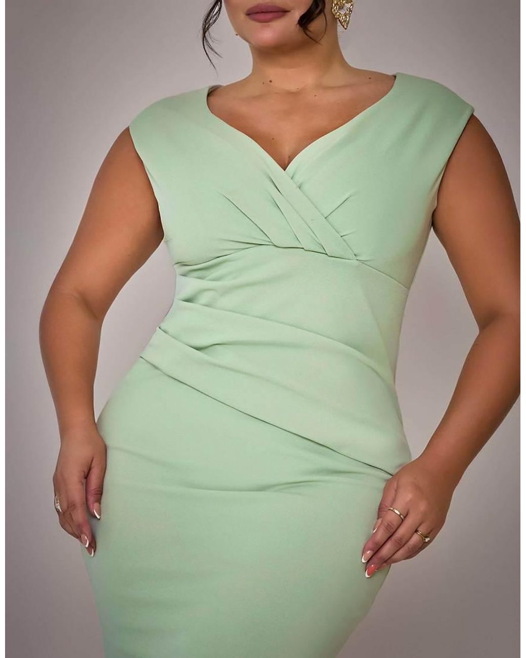 Goddiva Green Plus Bardot Pleated Maxi Dress