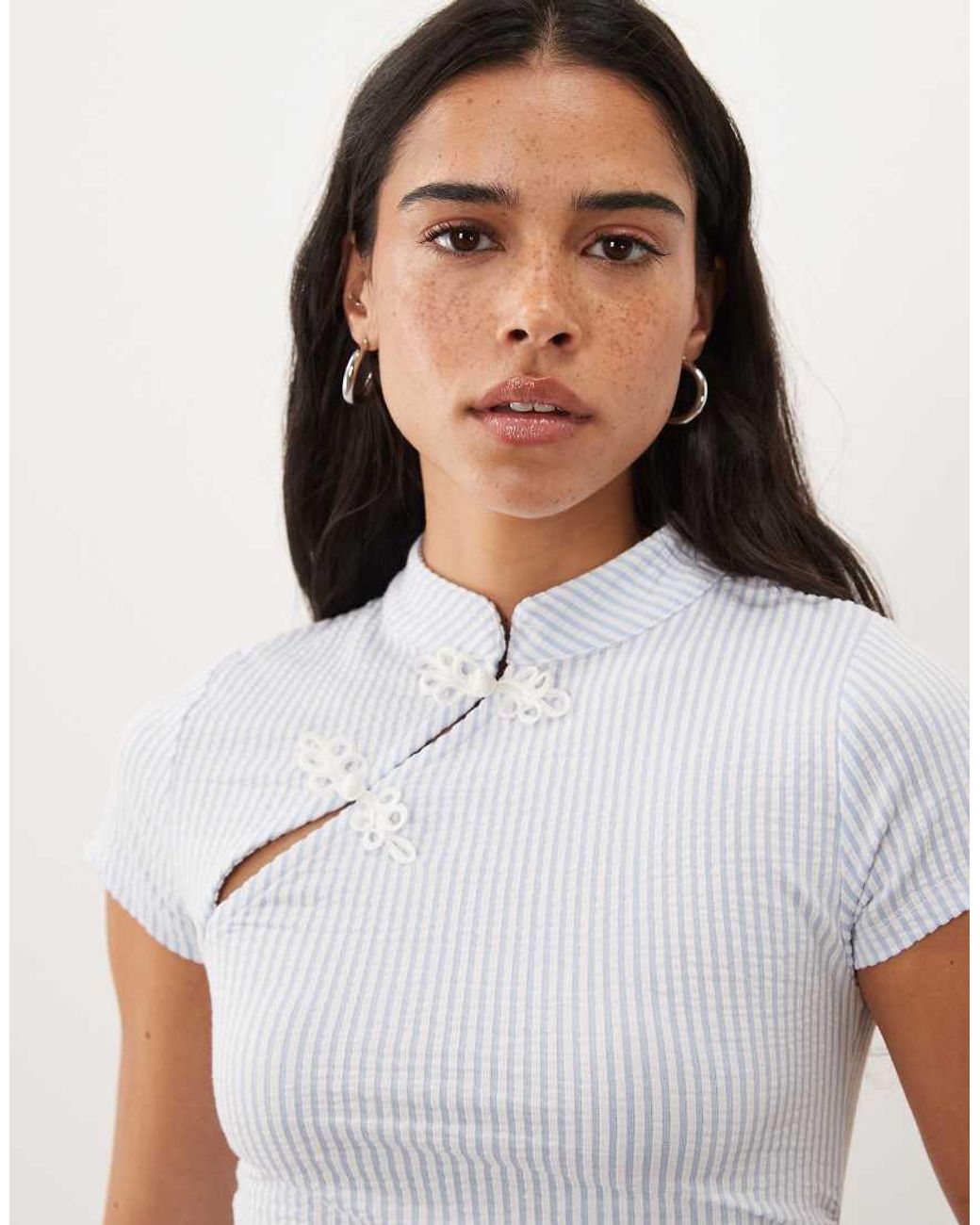 ASOS Blue Mandarin Style Cap Sleeve Top