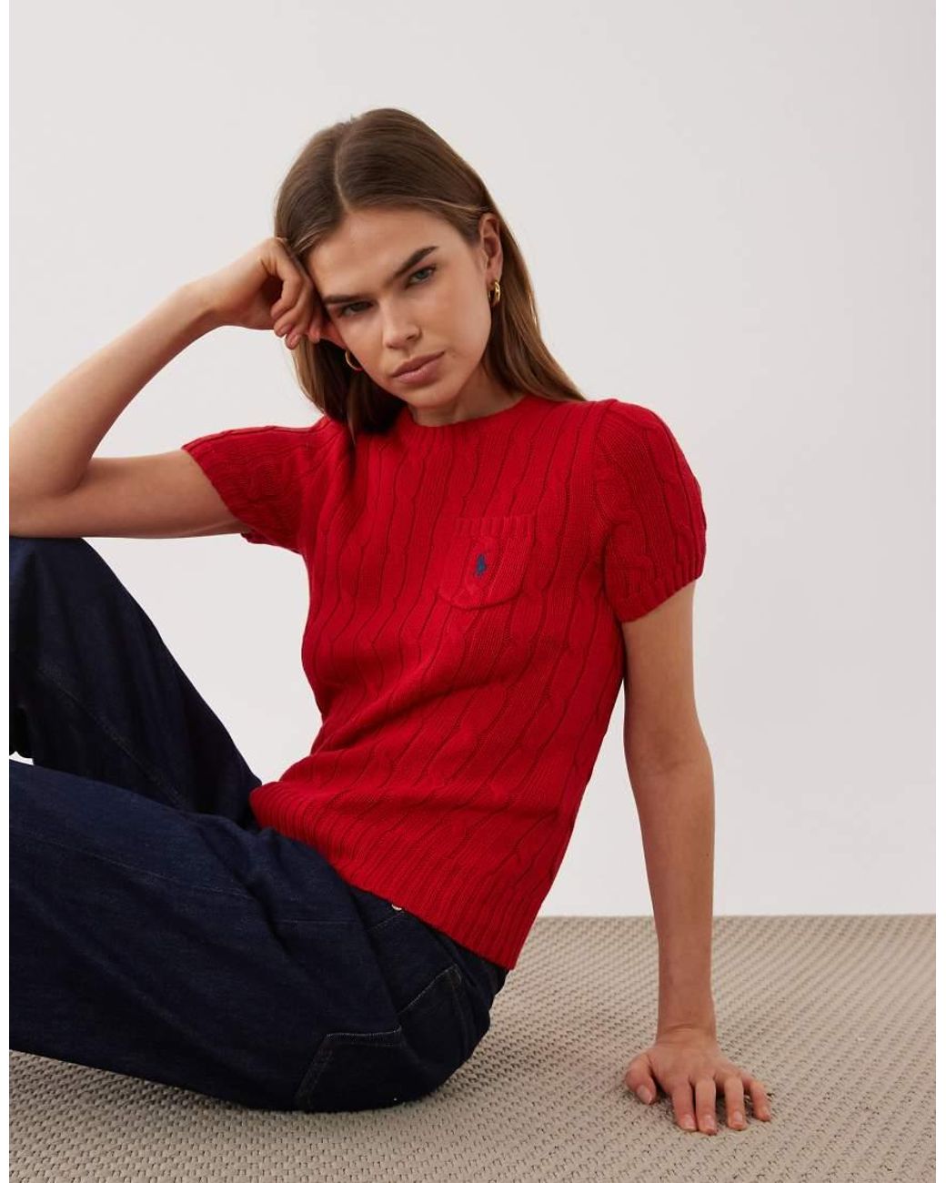 Polo Ralph Lauren Red Icon Logo Cotton Cable Knit Short Sleeved Jumper